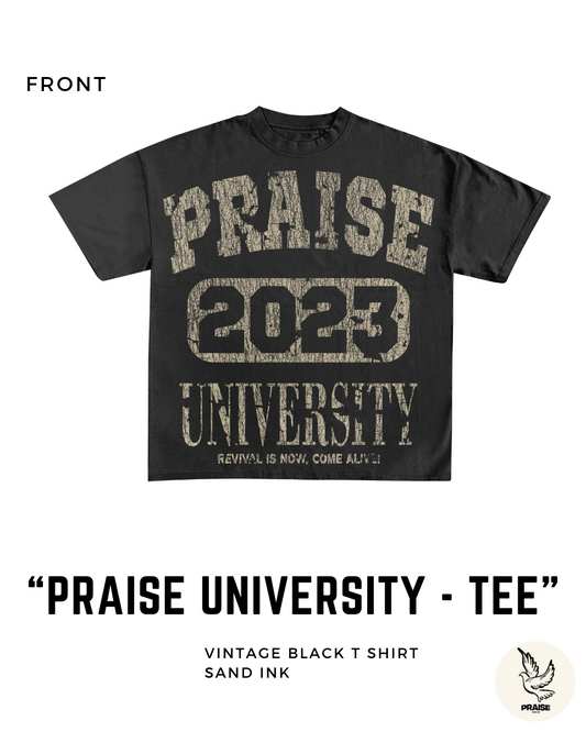 Praise University "Revival is Now" Christian Tee – Vintage Black Faith Shirt - Sand Print