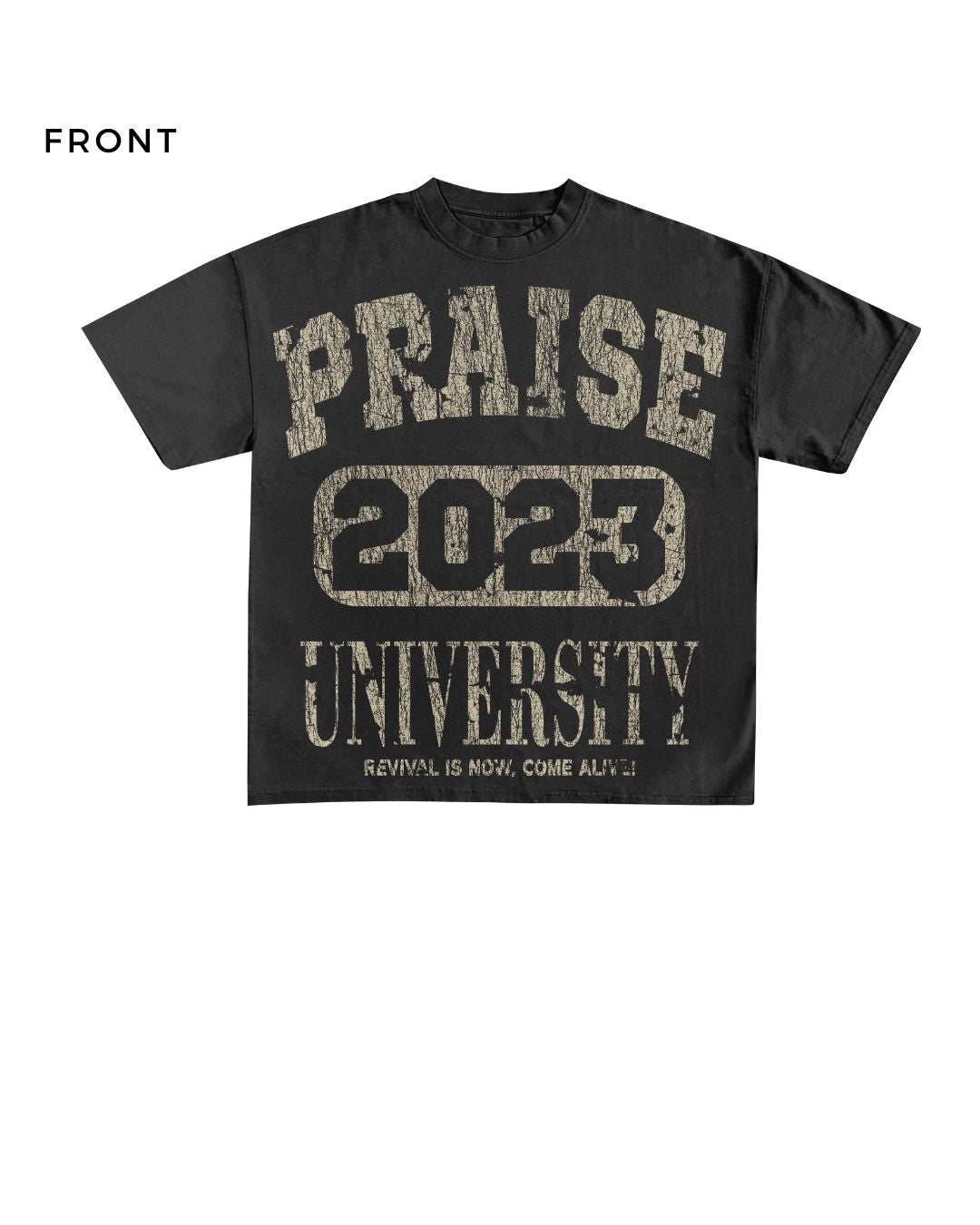 Praise University "Revival is Now" Christian Tee – Vintage Black Faith Shirt - Sand Print