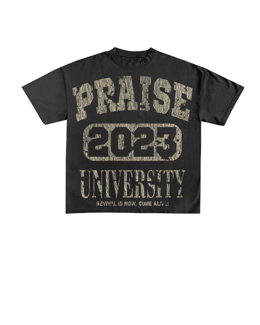 Praise University "Revival is Now" Christian Tee – Vintage Black Faith Shirt - Sand Print