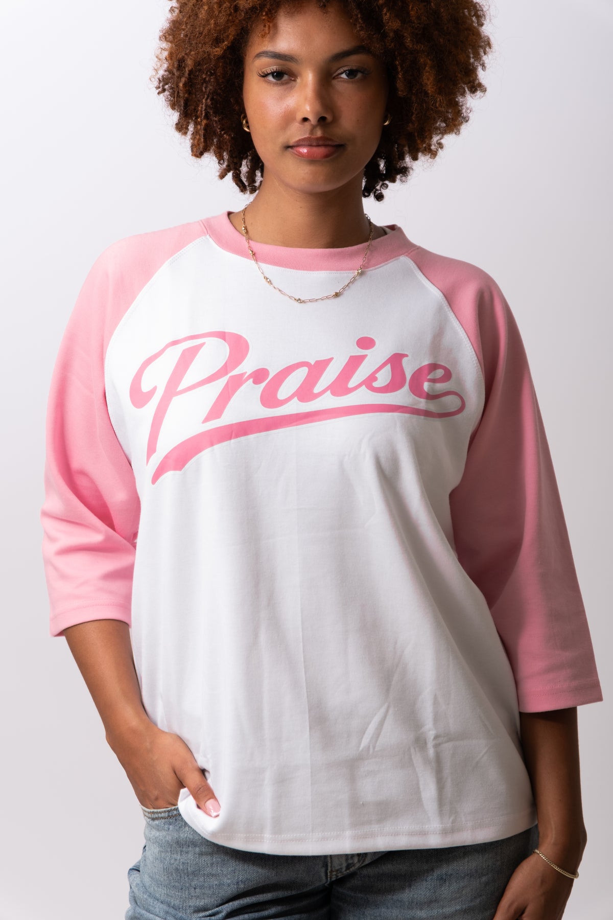 PRAISE 3/4 RAGLAN BASEBALL TEE - Pink & White